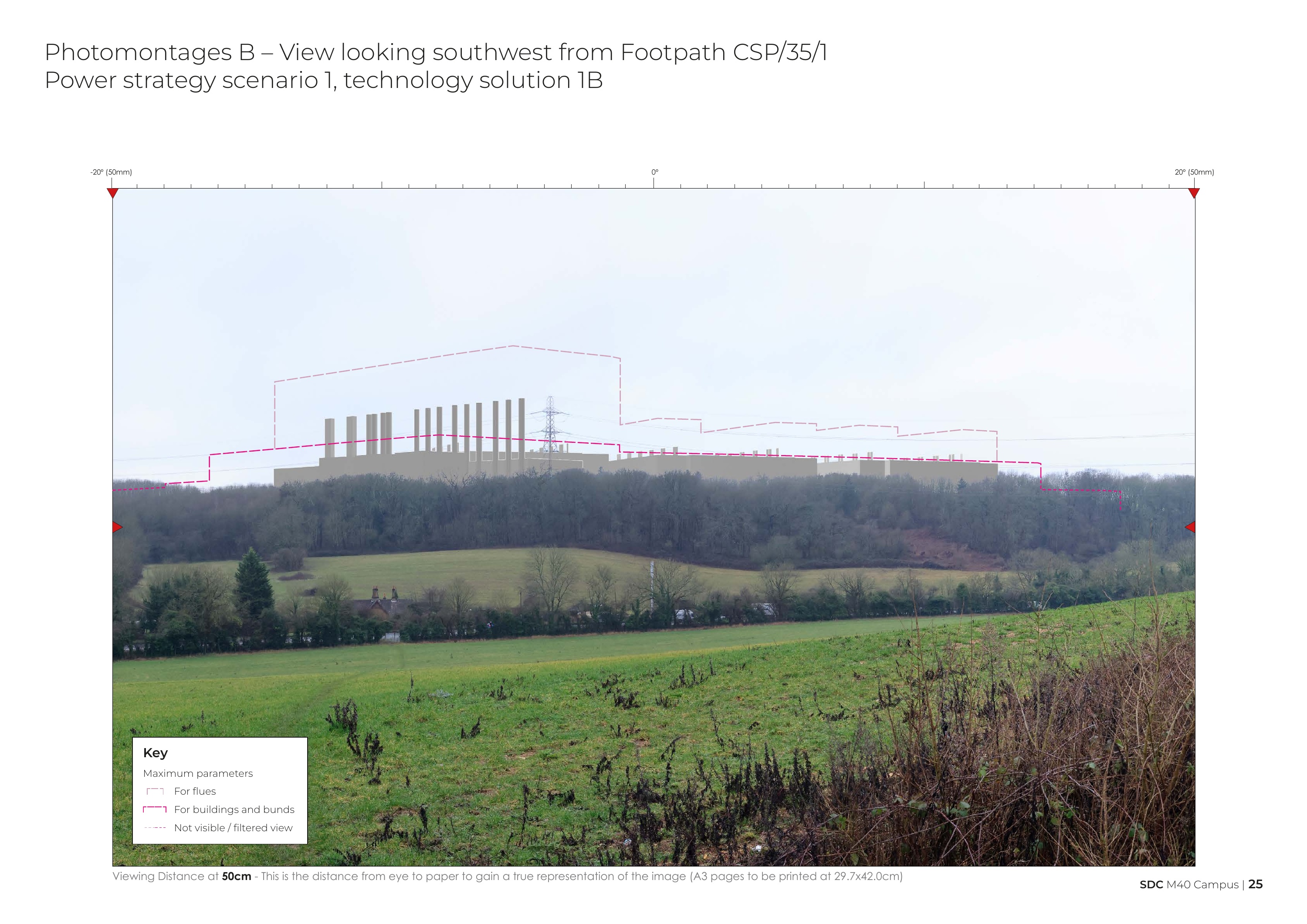 SDC workshop photomontage looking southwest from Footpath CSP/35/1: proposed buildings, flues and maximum-parameter outlines beyond the woodland. Scenario 1, technology solution 1B.