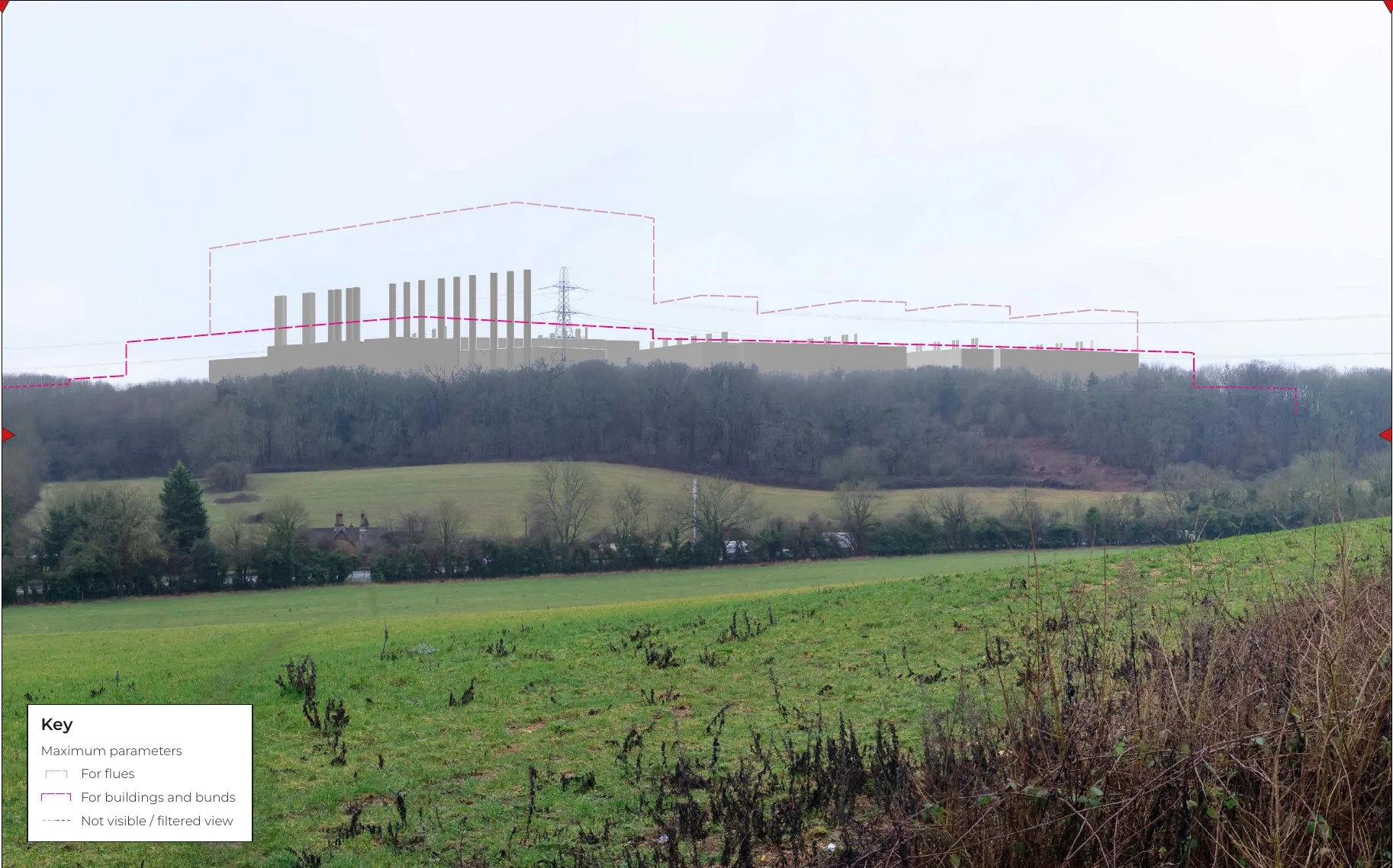Footpath CSP/35/1. Looking southwest. SDC proposed view, 1B · Hybrid. Maximum parameter outlines retained.